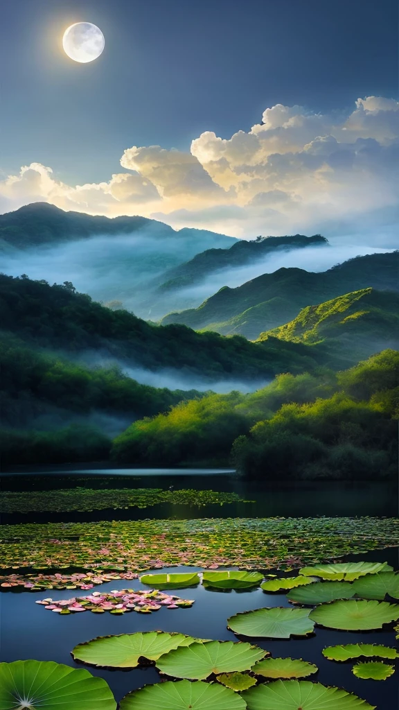 moonlight over lotus pond,beautiful scenery,layers of mountains,in the clouds,high detail,chiaroscuro,ultra high definition,masterpiece,Award-winning works,best quality,high resolution,16K