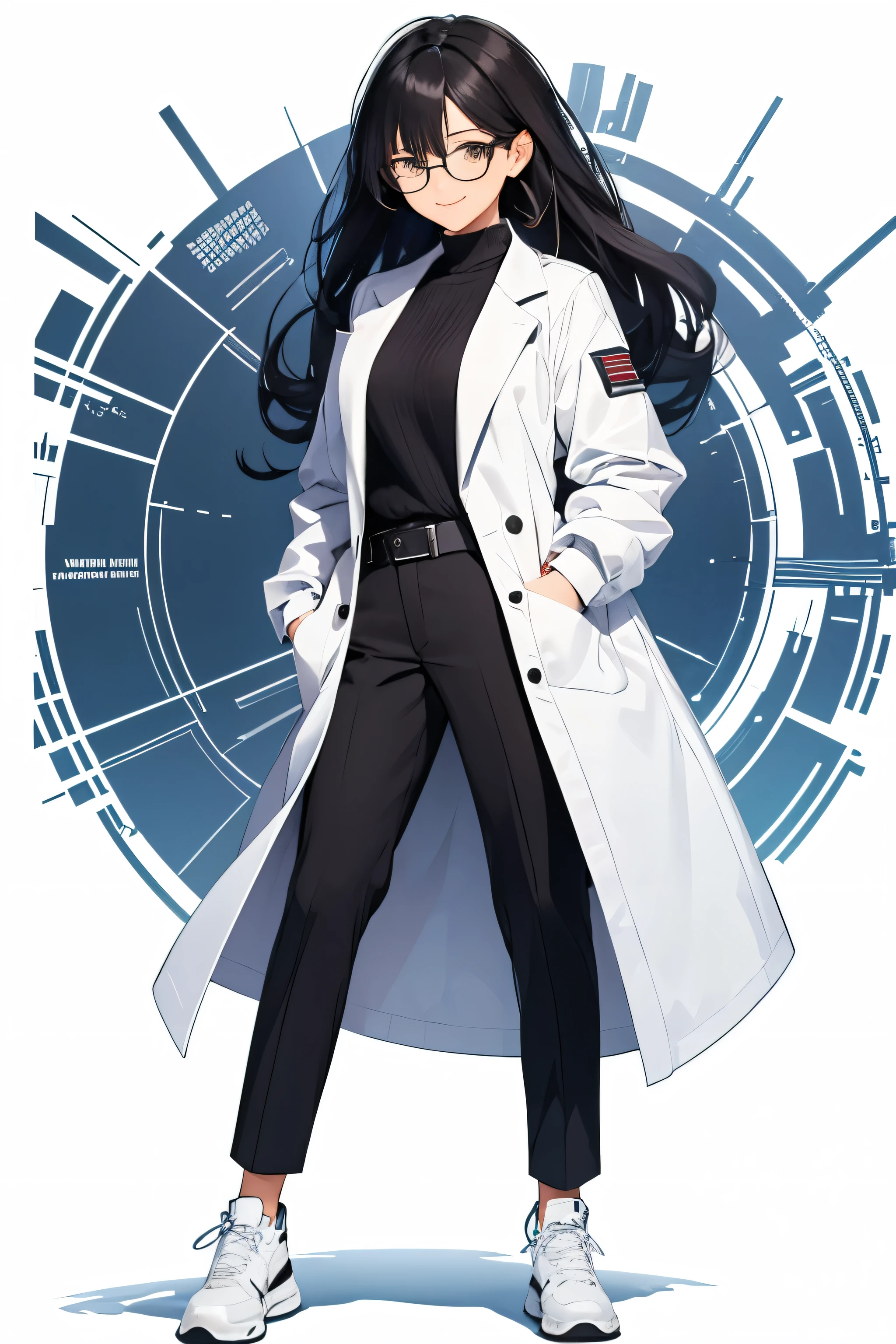 A woman in a white coat is smiling、pants、Pure white background、Black Hair、Glasses、shoes