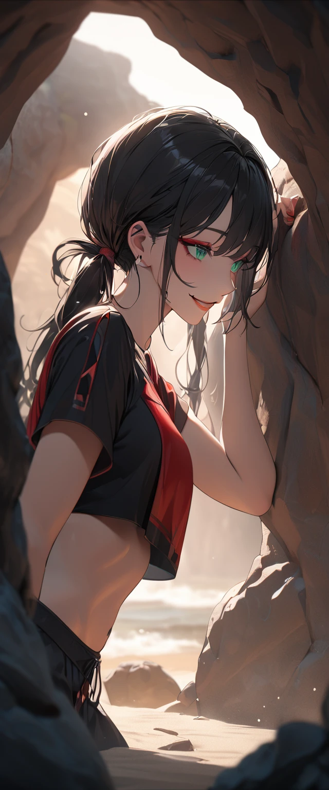 Photo of a girl with natural skin, ((Baby Face)), Grinning, Smiling, Tilt your head, From the side, Round face, A girl wearing mainly black and red, Upper Body, Beach cave, The light is shining in, High Twintails, Black hair with red mesh, Sharp eyes with red eyeshadow, Blue-green eyes, Shining eyes, A thin, upturned nose, Well-shaped lips, ((crop top overhang, Short sleeve, Black clothes, Thighs, Glamour body)), Makeup, Exquisitely crafted with the utmost attention to detail, Vibrant, amazing, Smooth, Cinematic, 4K, Backlight, (()), Shallow depth of field, ((Detailed eyes:1.3, Detailed lips:1.3, high quality, )), masterpiece, Super detailed images, High quality