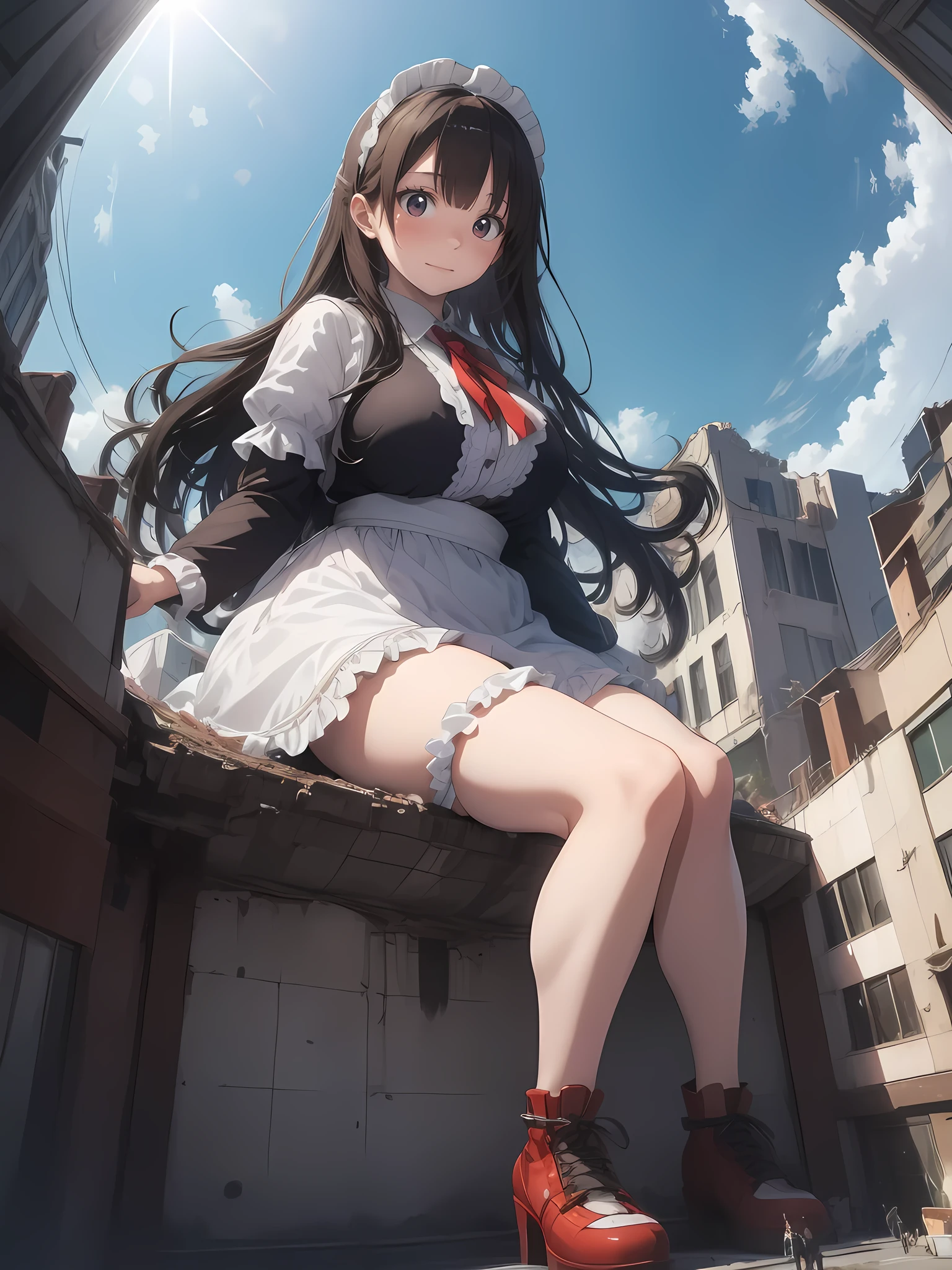 whole body描写、((((Fisheye Lens))))、((((looking at the camera))))、Embarrassed、Building fire、City boulevard、Traffic jam、Lots of cars and buses、street tree、Pedestrian bridge、Lots of pedestrians、((((Frilled maid outfit)))),Giant Girl 50,000 feet high,Weight: 1000kg,Elf with pink earrings,She has long hair that reaches down to her feet,Hair loss,Wavy long curly hair,Wearing loafers,Knee-high socks、Lace gloves,粉色蕾丝whole body,Standing tall in a small town,Beautiful appearance,Exquisite makeup,quality,8k,高quality,Perfect Proportions, Cinema Lighting,Film Grain,The Colors of Fuji,8k,Textured skin,Super Details,Attention to detail,High resolution,False Smile,Bloodstain,脚底有Bloodstain,whole body,obesity,Elf Princess,((((Giant girl gracefully sits on top of a broken skyscraper in the city、))))、(((Super huge breasts)))、((Plump thighs))、Chest、Sweat makes clothes transparent