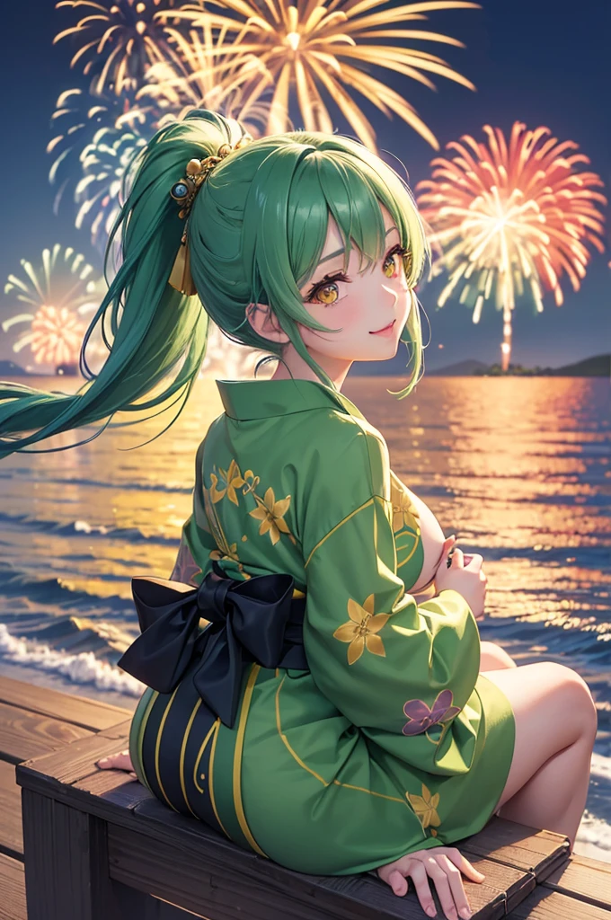 (beautiful back style), (solo:2, 15 yo, Look love face), (beautiful detailed ponytail green hair long hair) (best cute girl, cute yellow eyes, glossy lip, medium tits, love smile), in A beautiful detailed yukata, sit down on breakwater, break, in the night fly Fireworks in beach, background beautiful many fireworks Over the ocean, BREAK, perfect anatomy, masterpiece, beautiful detailed night,best quality, daydreaming expression.