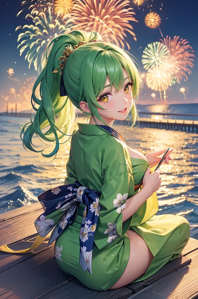 (beautiful back style), (solo:2, 15 yo, Look love face), (beautiful detailed ponytail green hair long hair) (best cute girl, cute yellow eyes, glossy lip, medium tits, love smile), in A beautiful detailed yukata, sit down on breakwater, break, in the night fly Fireworks in beach, background beautiful many fireworks Over the ocean, BREAK, perfect anatomy, masterpiece, beautiful detailed night,best quality, daydreaming expression.