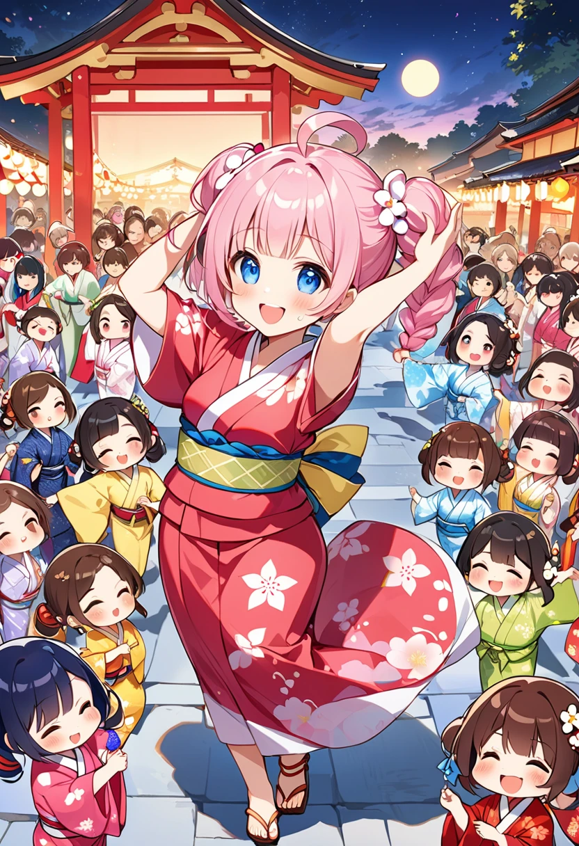 Highest quality、High resolution、Detailed Background、Beautiful face in every detail、Anatomically correct、Detailed facial expressions、fine grain、((full body, from above, side shot)), break　((One Girl:1.2)、(Chibi Girl:1.2))、Cute hair color、Big beautiful blue eyes、Fuller lips、Pink Lips、Braided twin tails、Ahoge、(Dancing at the Bon Odori festival in the summer:1.2)、(Cute Yukata、Cute sandals)、break　((Place one arm above your head:1.2、Stretch one arm horizontally to the side:1.2、(Looks like a lot of fun、Smiling loudly:1.2、Sweat))、break　(The background is a shrine at night、Bon Odori Contest、Many people in yukata dance in a line、full moon)