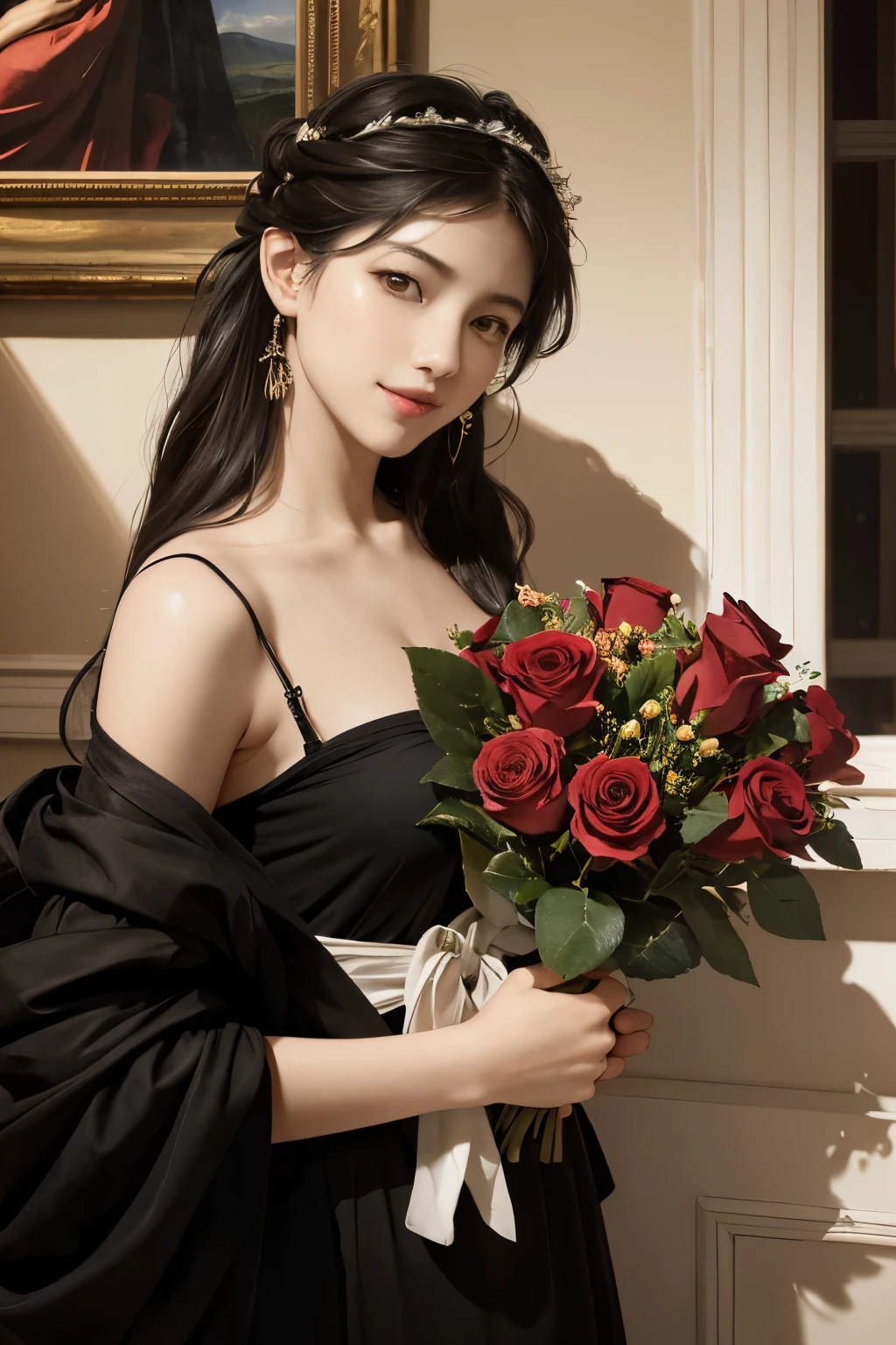 rose tree,Caravaggio-style diagonal lighting coming from the left side of the wall.,cute smile,erotic,ancient greek style clothing,sexy,ecstasy,beauty,sweet ecstatic expression.과일바구니의 놀라운 beauty,rose bouquet,Caravaggio's paintings,Caravaggio's chiaroscuro,Hair disheveled by the wind