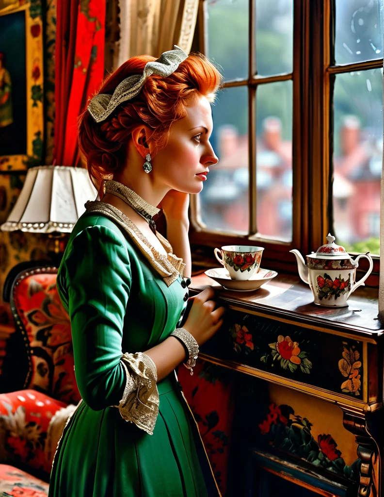 an exhausted middle-class redhead female worker [Elizabeth II:Maude Adams:0.45] in her small living room rent flat, inspired by the Don Lawrence style. She’s looking out of the window, lost in her thoughts, while holding a cup of tea.