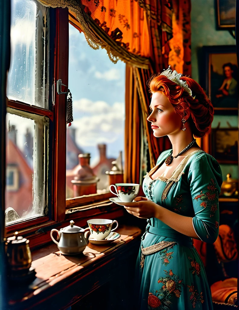 an exhausted middle-class redhead female worker [Elizabeth II:Maude Adams:0.45] in her small living room rent flat, inspired by the Don Lawrence style. She’s looking out of the window, lost in her thoughts, while holding a cup of tea.