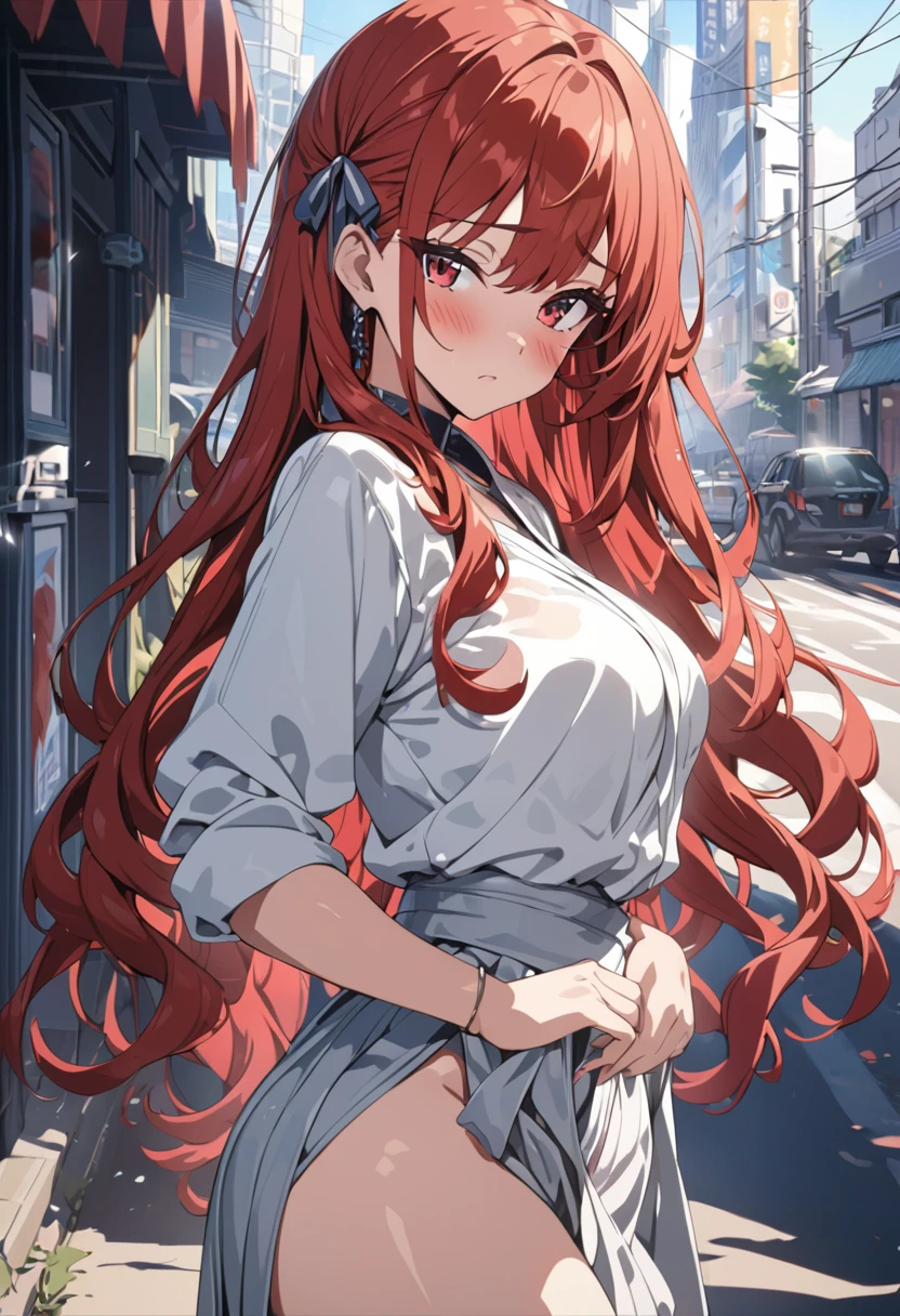 masterpiece, best quality, high quality, detailed, ultra detailed, hyper detailed, insanely detailed, exquisite, beautiful, FHD, Full-HD, 4K, 8K, highres, absurdres, woman, shy, frowning, looking at viewer, long hair, red hair, red eyes, tall, glamorous, leggy, beautiful ???????, beautiful ???, hakama, hair ribbon, on the road, in the afternoon, cel anime, cowboy shot, upper body, from front, golden ratio, blush