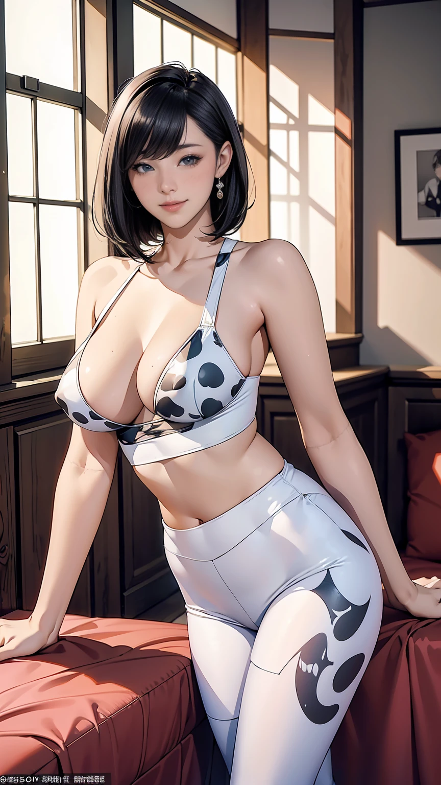 (highest quality, masterpiece:), ultra-high resolution, night, in the pub, Korea photo model, young and beautiful gravure idol, 25 years old, tight, wearing a Dalmatian patten print white leggings, high leg, gigantic breasts, puffy nipple:1.4, bangs, short hair, bob cut, black hair, one length, earrings, beauty, victory smile, mature woman, please face forward and look at the camera,