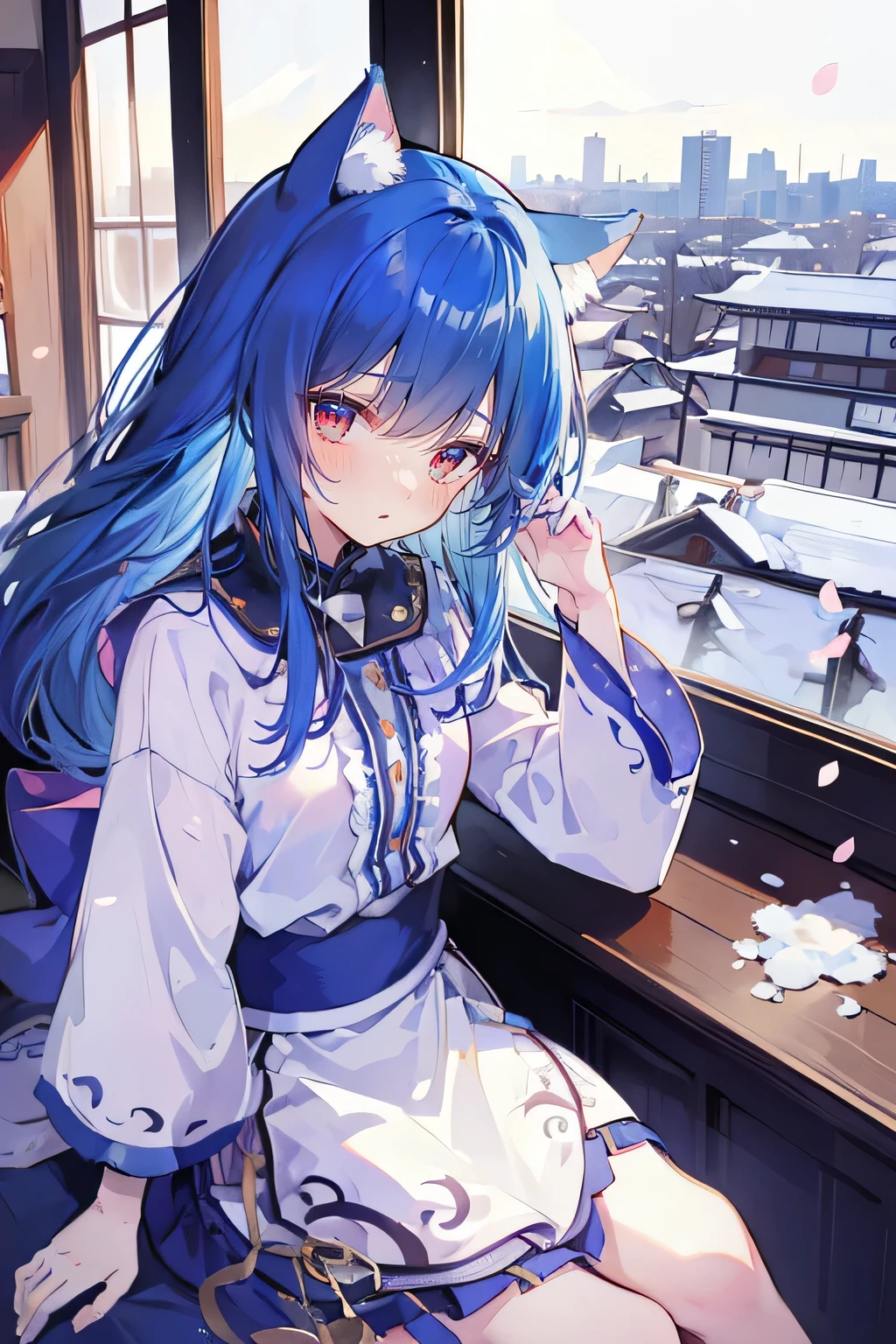 (Masterpiece:1.2)，Ultra-detailed，lifelike，The eyes are expressive，Fair skin，Perfect face shape，1 girl，Japanese Manga，Gorgeous blue hair，Flowing blue hair，Flowing clothes，Cat ears，Petals falling，Smile，Tokyo background，background，heavy snow，winter.Highest quality，perfect face，sitting on window sill drinking coffee and looking out the window.