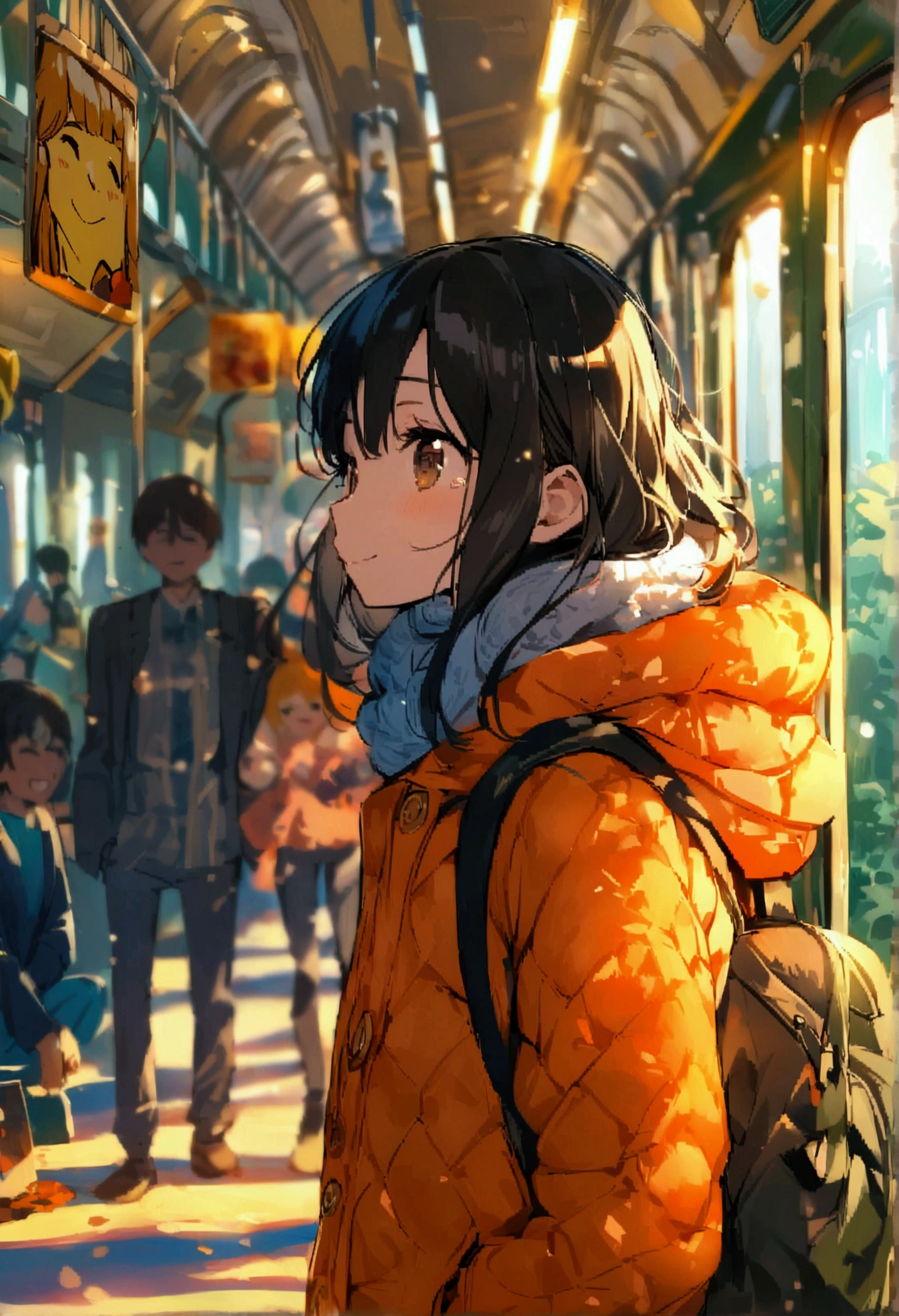 In a warm and friendly illustration style、Expressing everyday scenes。A person who wakes up in a hurry to hear the morning snooze alarm、The picture shows her on a crowded train, having forgotten to change her clothes.。Leaning on the passenger next to me、With someone playing with their smartphone in the background、I can picture a smiling person finding small happiness.。

moreover、Enjoying lunch with colleagues during your lunch break、I get invited to a drinking party after work、We will also add a scene showing how to cherish time alone.。On the bridge、Busy days々I was comforted by the smiles of my friends、It depicts the importance of finding treasures in everyday life.。

Throughout、A loving depiction of everyday moments、Please give me an image that expresses the joy and sadness of life, where smiles and tears intersect。The colors are bright and positive、The characters are々She has a relaxed expression in a casual situation.。

