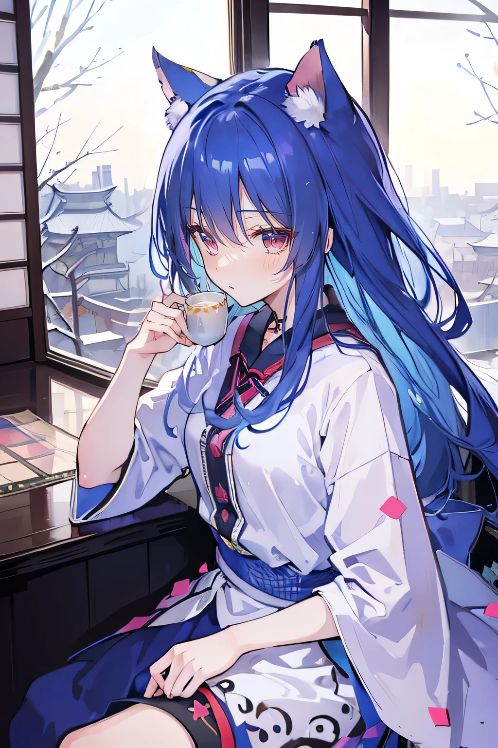 (Masterpiece:1.2)，Ultra-detailed，lifelike，The eyes are expressive，Fair skin，Perfect face shape，1 girl，Japanese Manga，Gorgeous blue hair，Flowing blue hair，Flowing clothes，Cat ears，Petals falling，Smile，Tokyo background，background，heavy snow，winter.Highest quality，perfect face，sitting on window sill drinking coffee and looking out the window.