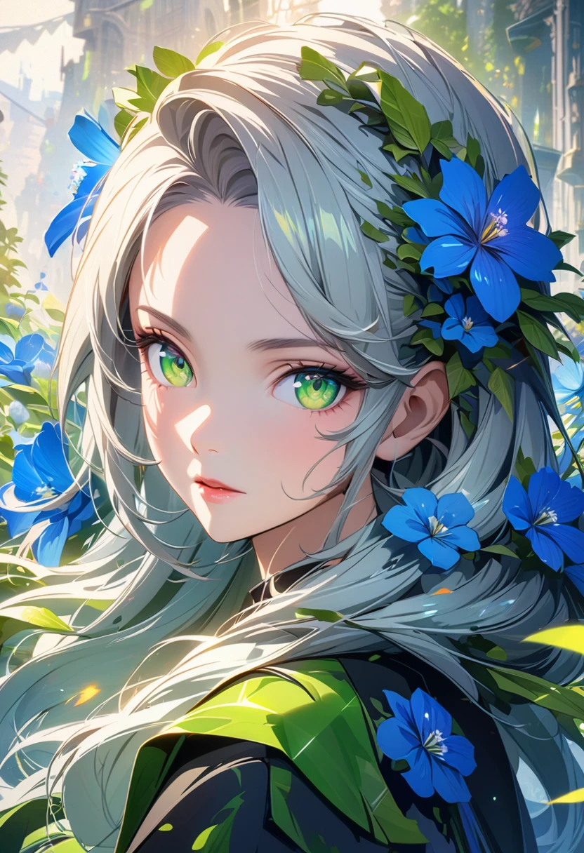 girl with blue flowers in her hair, stunning face portrait, beautiful portrait, detailed portrait of girl, detailed digital art, anime style 4 k, beautiful girl, green shining eyes, , beautiful face, art wallpaper 4 k, , detailed anime character art, beautiful woman, mature