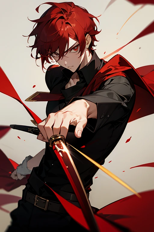 Male, French swordsman, red hair, one golden eye, red, black shirt.