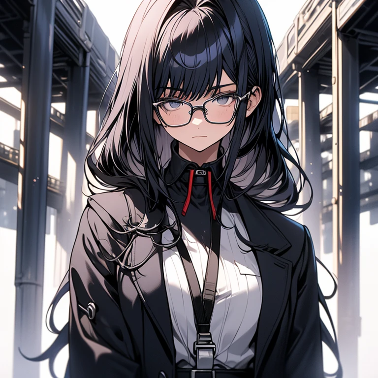 The Beauty of Knowledge,cool,Woman in her 20s,Silver glasses,Black business suit,White background,cold,Emotionless,Black Hair,Upper Body,From the neck up,Hair straightening,Long Hair,upright,Upright