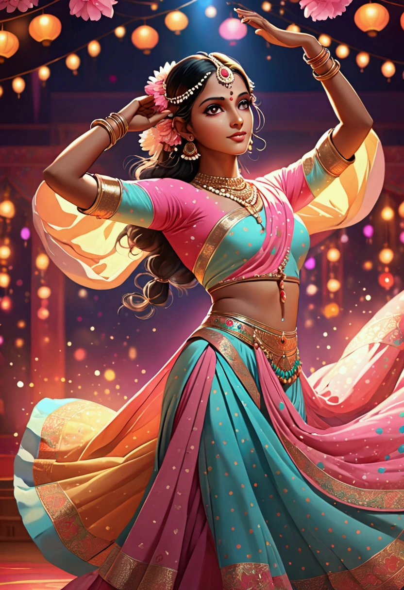 ((Inspired by Imeon Solomon)),A Indian dancer, Floating clothes, Charming pose, stage, Pastel colors,Bright Lights, (Extremely detailed CG 8k wallpaper), (masterpiece), best quality