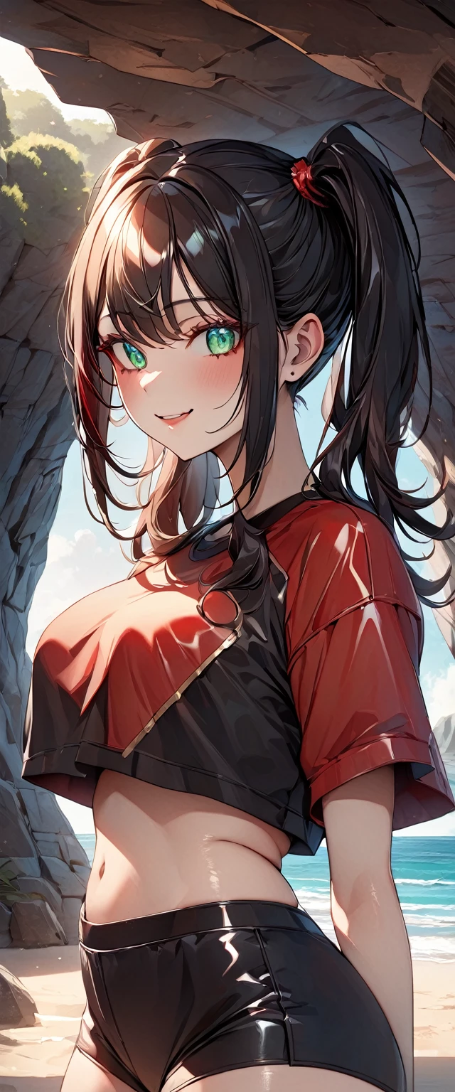 Photo of a girl with natural skin, ((Baby Face)), Grinning, Smiling, Tilt your head, From the side, Round face, A girl wearing mainly black and red, Upper Body, Beach cave, The light is shining in, High Twintails, Black hair with red mesh, Sharp eyes with red eyeshadow, Blue-green eyes, Shining eyes, A thin, upturned nose, Well-shaped lips, ((crop top overhang, Short sleeve, Black clothes, Thighs, Glamour body)), Makeup, Exquisitely crafted with the utmost attention to detail, Vibrant, amazing, Smooth, Cinematic, 4K, Backlight, (()), Shallow depth of field, ((Detailed eyes:1.3, Detailed lips:1.3, high quality, )), masterpiece, Super detailed images, High quality