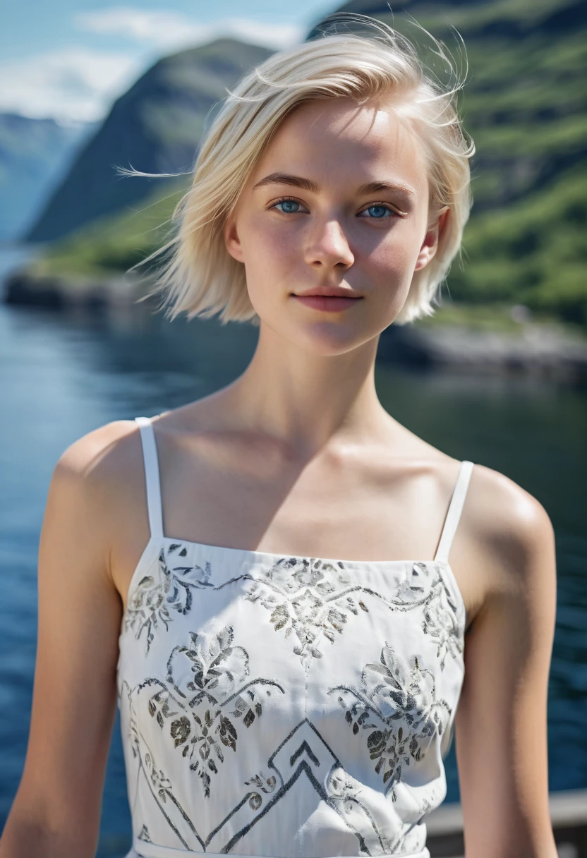 A beautiful Norwegian teenager, small breasts, runners slim body, thin face, intricate white summer dress, flirting, short blonde hair with side cut, blue-grey eyes, realism, digital painting, concept art, smooth, sharp focus, rule of thirds, Style-Psycho, Norwegian fjord in the background, natural light