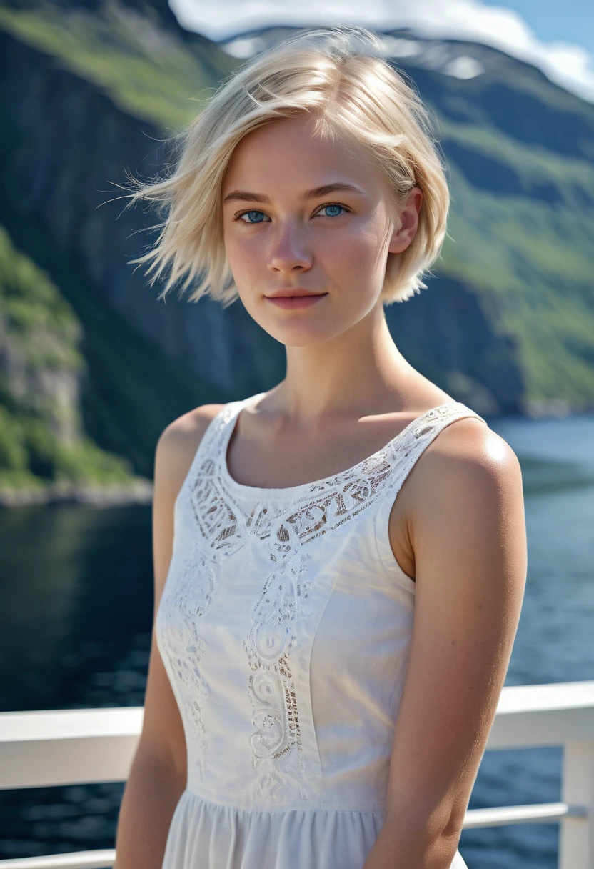 A beautiful Norwegian teenager, small breasts, runners slim body, thin face, intricate white summer dress, flirting, short blonde hair with side cut, blue-grey eyes, realism, digital painting, concept art, smooth, sharp focus, rule of thirds, Style-Psycho, Norwegian fjord in the background, natural light