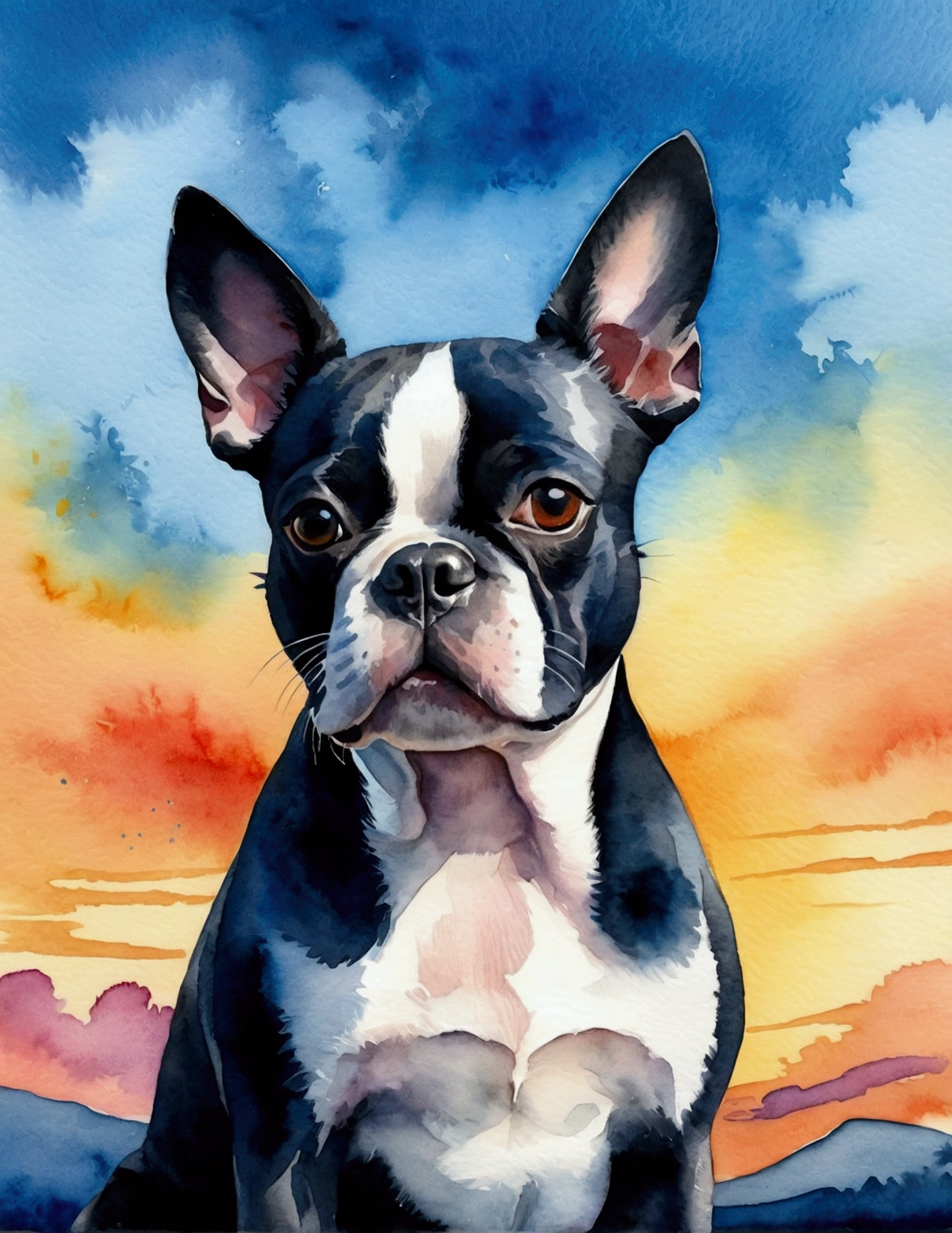 (best quality,watercolor effect:1.2),A Boston Terrier Dog,watercolor painting of a Boston Terrier Dog with a blue and cloudy sky as a background,Sunset