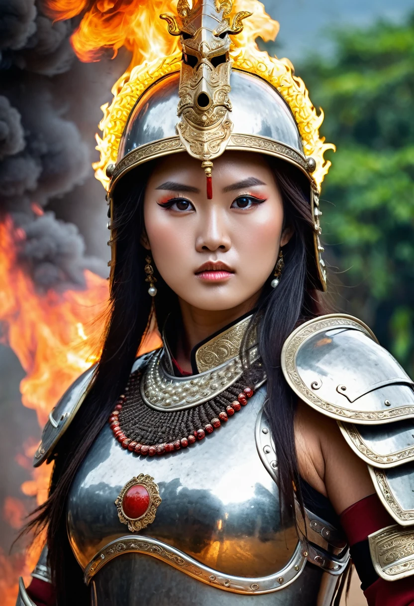Close-up of an immortal female warrior in Vietnamese mythology, 18 years old, decorated with pearls, majestic and majestic, bright eyes, long hair, extremely beautiful, shiny iron armor, fierce iron helmet, weapon is a tightly rolled bundle of ivory bamboo, invincible female warrior, ((background of smoke, fire, lightning)), ((blood stains on armor, helmet)).
The eyes are filled with hatred and the power to destroy enemies. Behind are traces of blood and violence. The sky is filled with swirling, fiery clouds. The photo conveys a strong sense of the appearance of a warrior