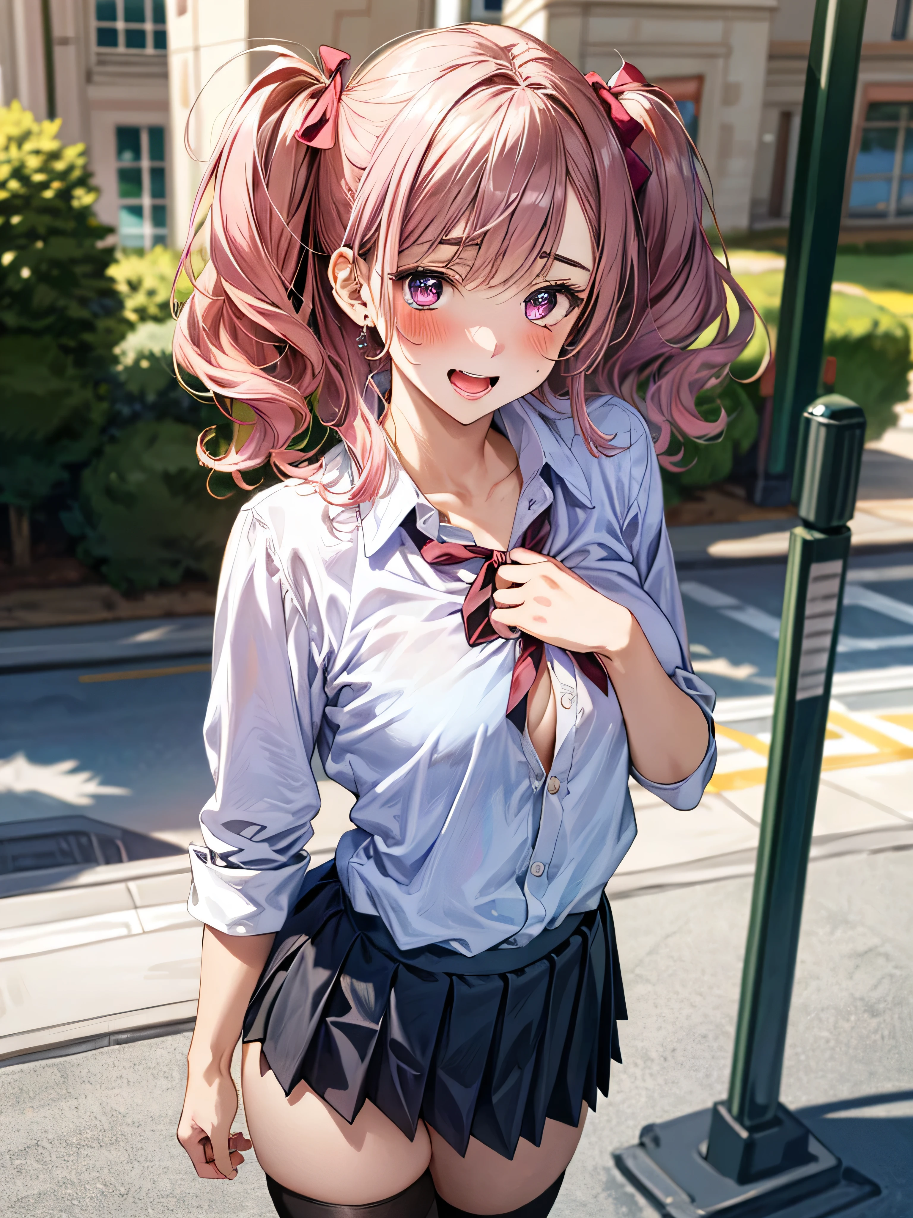 (masterpiece:1.3, top-quality, ultra high res, ultra detailed), (realistic, photorealistic:1.4), beautiful illustration, wearing knit sweater & miniskirt, (Flirtingly lifting her skirt to show her panties:1.3),perfect lighting, natural lighting, colorful, depth of fields, surrealism, (embarrassed,blush:1.3),
beautiful detailed hair, beautiful detailed face, beautiful detailed eyes, beautiful clavicle, beautiful body, beautiful chest, beautiful thigh, beautiful legs, beautiful fingers, shiny skin,
looking at viewer, 1 girl, japanese, high school girl, (perfect anatomy, anatomically correct, super detailed skin), cute and symmetrical face, babyface, perfect face, perfect eyes,
(middle hair, two side up, pink hair), crossed bangs, purple eyes, drooping eyes, big eyes, long eyelashes, (large breasts, seductive thighs, skindentation), slender, outstanding style,
((detailed cloth texture, white collared shirt, blue pleated skirt, dark red neck ribbon), black thigh-highs, loafer),
(beautiful scenery), late afternoon,hands on chest, (lovely smile, upper eyes, open mouth small),