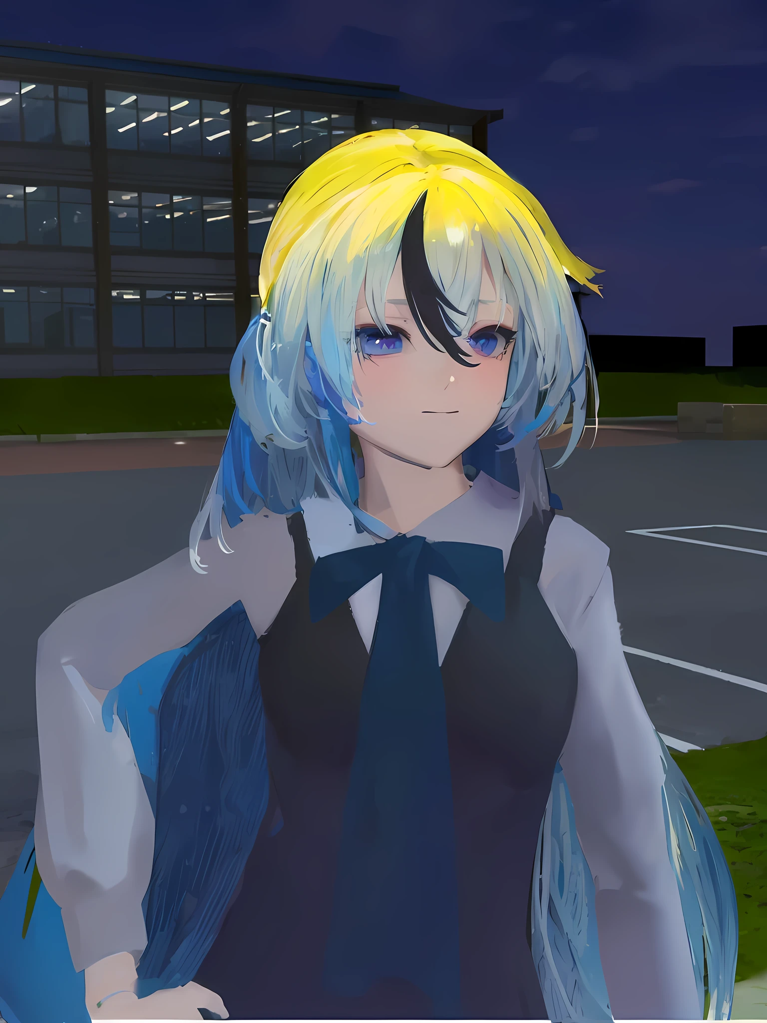 there is a woman with blonde hair and blue eyes standing in a parking lot, anime styled 3d, full face shot of rimuru tempest, second life avatar, azure. detailed hair, 3d anime girl, gapmoe yandere, vrchat, rimuru, pink twintail hair and cyan eyes, gapmoe yandere grimdark, anime stylized