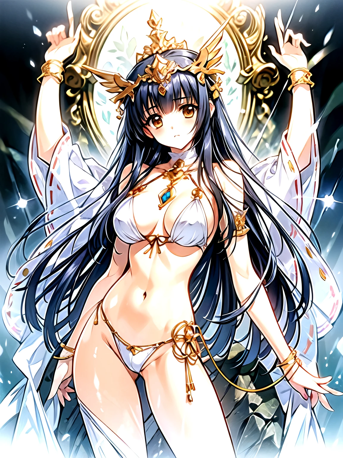 (crystal artifact), (metallic accessory), (erotic priestess), (white bikini)(gold rim), (thin thong)(narrow thong)sharp(highleg), narrow constricted waist, bellybutton, narrow hips, fantasy, mythical altar, (stone sculpture)encrypting