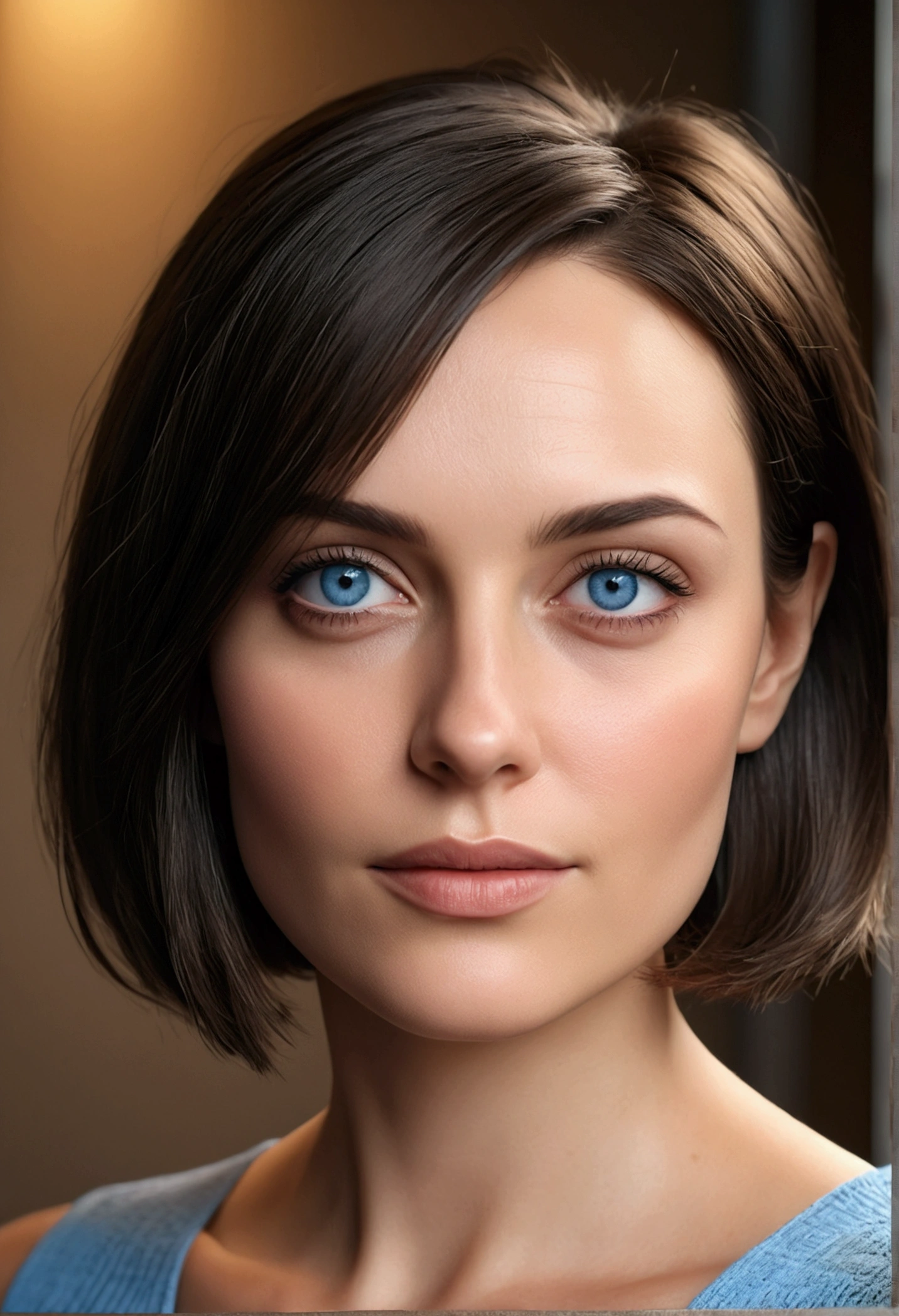 A beautiful young woman in her 30s, ultra-realistic, brunette with blue eyes, short bob haircut, frontal view, medium height, bust, toned face, beauty mark above upper lip, small nose, prominent cheekbones,(best quality,4k,8k,highres,masterpiece:1.2),ultra-detailed,(realistic,photorealistic,photo-realistic:1.37),stunning portrait,cinematic lighting,warm color tones,dramatic shadows,highly detailed facial features,flawless skin,elegant expression