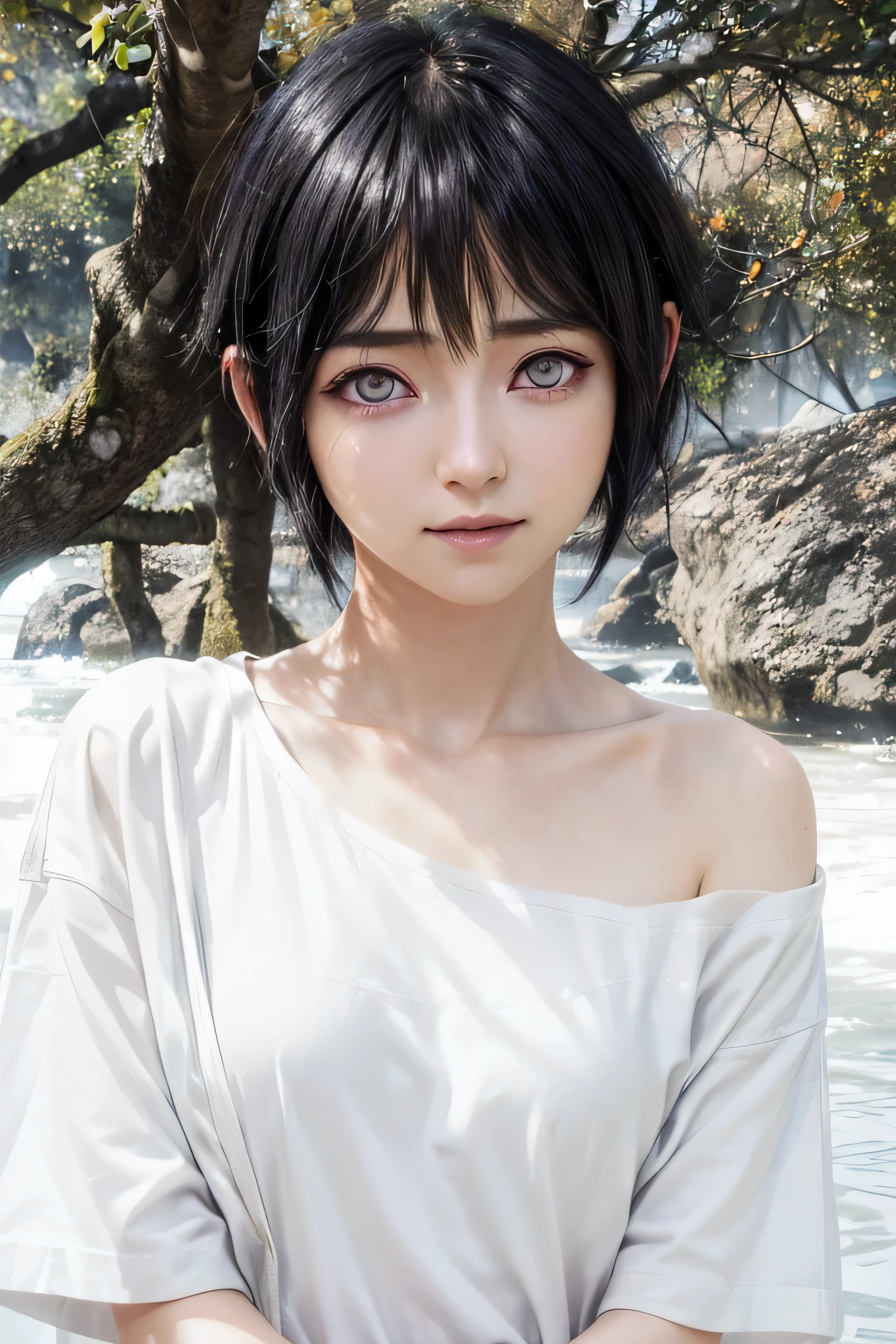 masterpiece, best quality, (realistic,photo-realistic:1.4), (RAW photo:1.2), extremely detailed CG unity 8k wallpaper, delicate and beautiful, amazing,finely detail, official art, absurdres, incredibly absurdres, huge filesize, ultra-detailed,extremely detailed eyes and face,light on face,hinata,(little smile),(black hair:1.4),(short hair:1.4),(wearing white t-shirt:1.5),(nature background:1.4),(byakugan eyes:1.6)