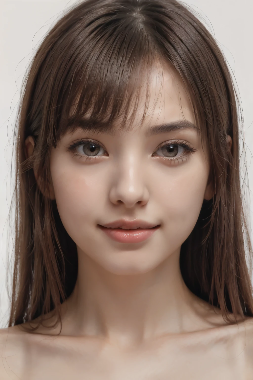 ((masterpiece, Highest quality, High resolution、Everything is beautifully detailed)), One Girl, (Realistic: 1.4), alone, White Background, snow-White Background, ((From above, A little above, look up at the viewer, look up, look up at the camera, Looking into the camera)), Mouth closed, Smile, Smile, Smile, Beautiful black hair, bangsのあるショートヘア, Big eyes, Transparent double eyelids, eyelash, Put out your ears, Beautiful long neck, Absolute area, (Draw the whole head, shoulder), 19 years old, Attractive proportions, Glowing Skin, Beautiful collarbone, Golden ratio face, Perfect Face, Tearful mole, Mole on chest, bangs, clean bangs, Lip gloss, Thin lips, Fair skin, naked, Big Breasts, Small face, Small face, Draw the whole head, draw all shoulder,Huge breasts. Great breasts、{gigantic|big|huge|mega} breasts, cleavage