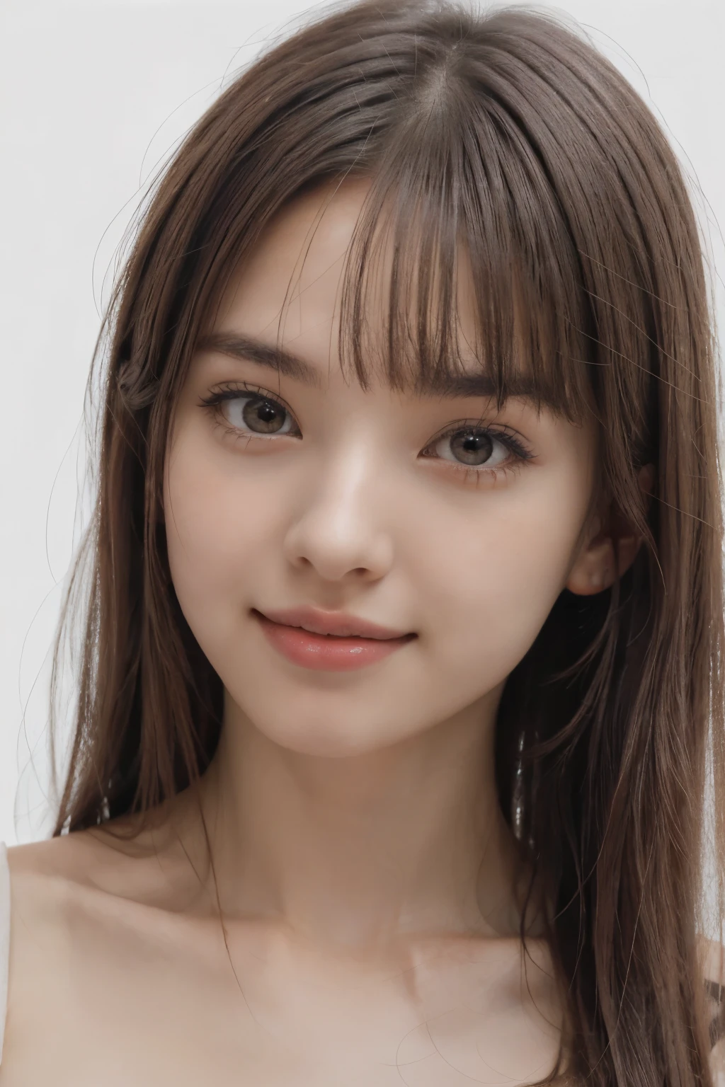 ((masterpiece, Highest quality, High resolution、Everything is beautifully detailed)), One Girl, (Realistic: 1.4), alone, White Background, snow-White Background, ((From above, A little above, look up at the viewer, look up, look up at the camera, Looking into the camera)), Mouth closed, Smile, Smile, Smile, Beautiful black hair, bangsのあるショートヘア, Big eyes, Transparent double eyelids, eyelash, Put out your ears, Beautiful long neck, Absolute area, (Draw the whole head, shoulder), 19 years old, Attractive proportions, Glowing Skin, Beautiful collarbone, Golden ratio face, Perfect Face, Tearful mole, Mole on chest, bangs, clean bangs, Lip gloss, Thin lips, Fair skin, naked, Big Breasts, Small face, Small face, Draw the whole head, draw all shoulder,Huge breasts. Great breasts、{gigantic|big|huge|mega} breasts, cleavage