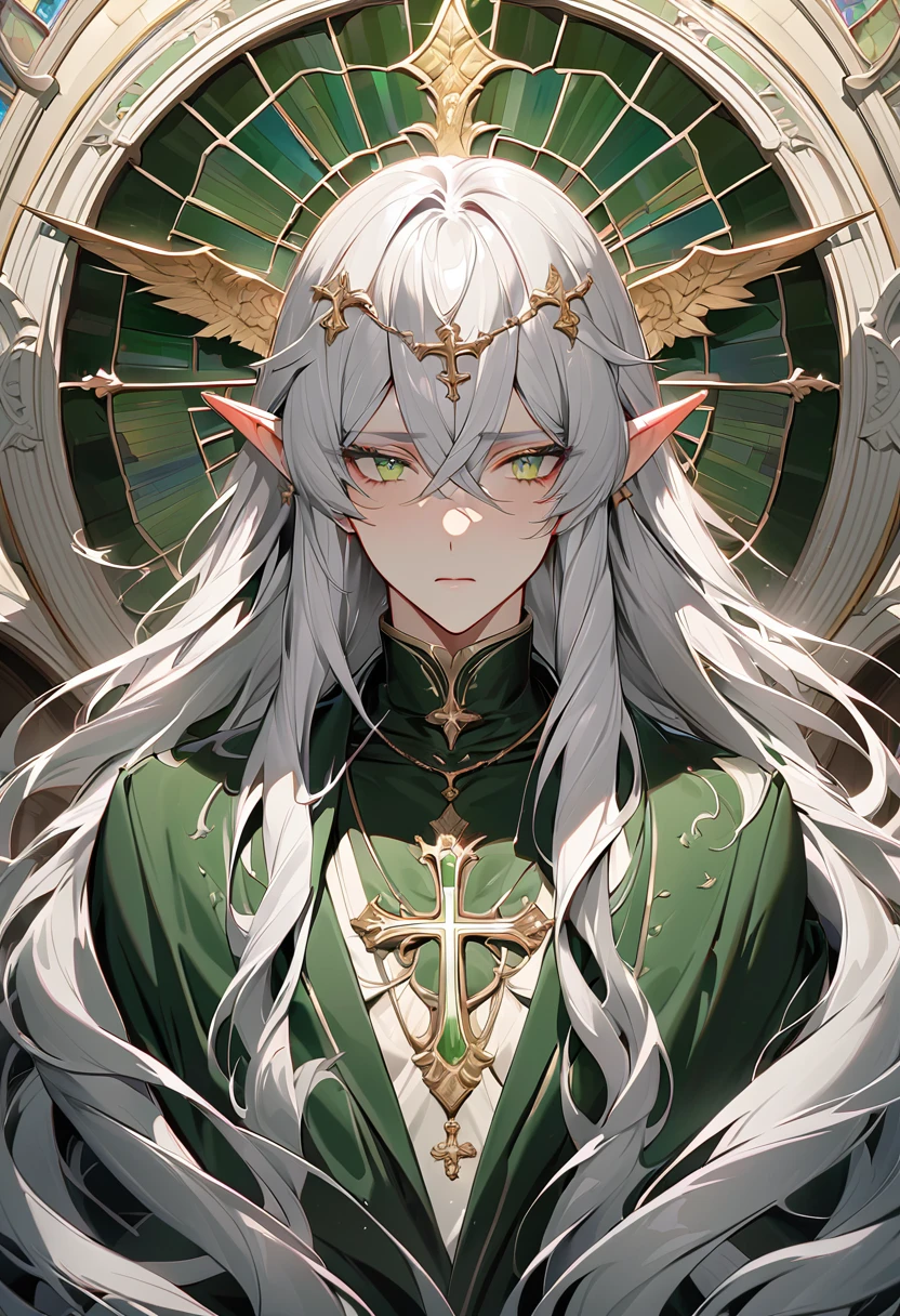 male, curtained hair, silver hair, shiny hair, absurdly long hair, halo, Light green eyes, A look of pity, dropping eyes, Elf ears, Divine, Dark green godfather robe, Silver cross necklace, Church stained glass window, Colored windows, Painting on the stained glass window, Colored windows, curtained hair, silver hair, shiny hair, absurdly long hair, halo, Full-length statue, Simple, Gothic art, Classicism, photomosaic, symmetry, Neoclassicism, Gothic art, Classicism, photomosaic, photomosaic, UHD, anatomically correct, super detail, UHD, anatomically correct, super detail, textured skin, textured skin