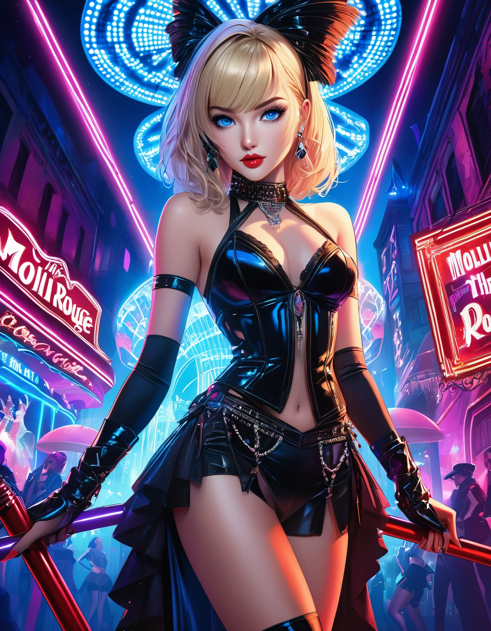 Ultra-realism, cyber punk, 16K, Super Resolution, One Girl, Pole dancer, blue eyes, Blonde, Dazzling neon lights, A stage that combines Moulin Rouge and burlesque, Luxury nightclubs, Very detailed, High resolution, High resolutionR, High resolution, UHigh resolution, Professional work, Black light, Do pole dancing, Stick to the pole, Fascinating, Fascinating, 
