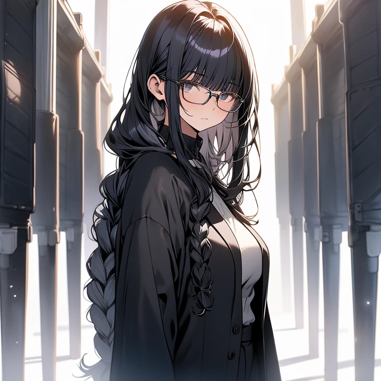 The Beauty of Knowledge,cool,Woman in her 20s,Silver glasses,Black business suit,White background,cold,Emotionless,Black Hair,Upper Body,From the neck up,Hair straightening,Long Hair,upright,Upright,No background,People only