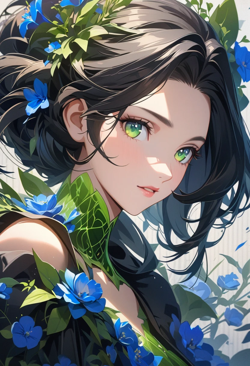 girl with blue flowers in her hair, stunning face portrait, beautiful portrait, detailed portrait of girl, detailed digital art, anime style 4 k, beautiful girl, green shining eyes, , beautiful face, art wallpaper 4 k, , detailed anime character art, beautiful woman, mature, black hair