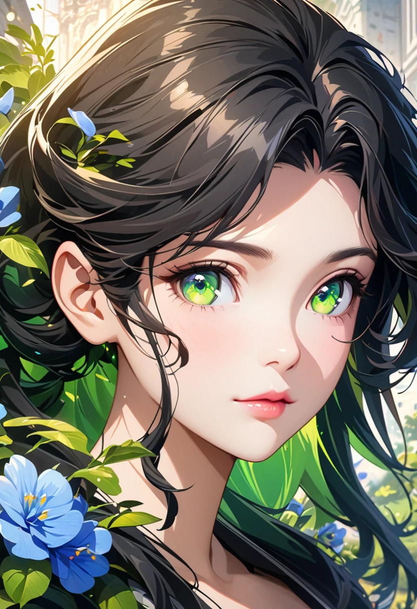 girl with blue flowers in her hair, stunning face portrait, beautiful portrait, detailed portrait of girl, detailed digital art, anime style 4 k, beautiful girl, green shining eyes, , beautiful face, art wallpaper 4 k, , detailed anime character art, beautiful woman, mature, black hair