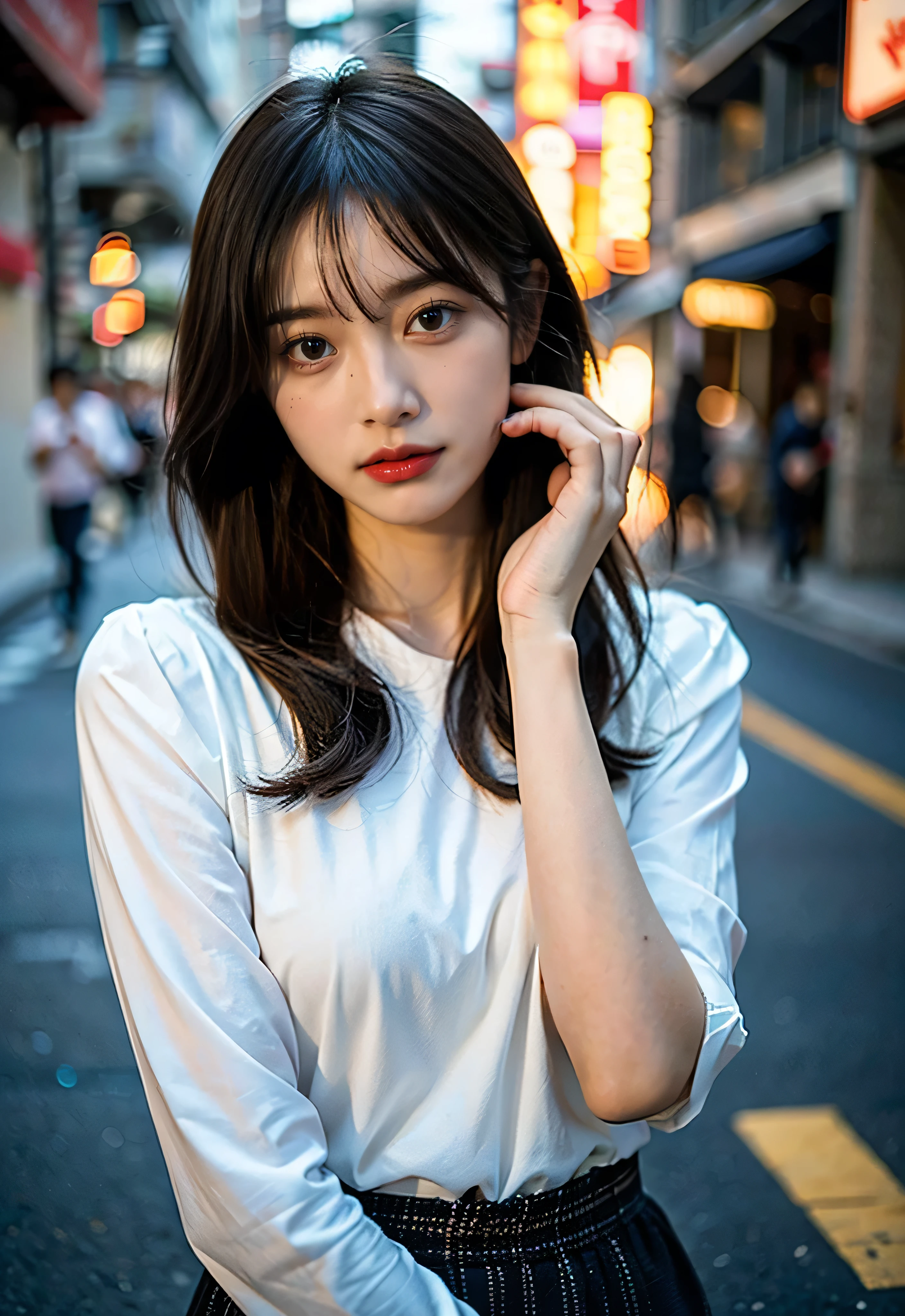 Highest quality,masterpiece,Ultra-high resolution,(Reality:1.4),Original photo,Cinematic Lighting,One girl,cute,(close:1.2),Taiwan Streets, Long striped hair, Realistic,Beautiful and delicate face down to the last detail,Beautifully detailed eyes and face,Ray Tracing,Cinematic Light,Light source contrast,Better_hand, whole body, eyes correction