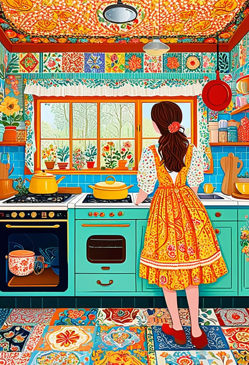 Luxury interior of a kitchen, in the style of folk art - inspired illustrations, patterned paperclippings, detailed, flowers, in the style of patchwork patterns, illustrated by olivia Gibbs, animated mosaics, kitsch and camp charm, bright pastel colours, bold patterned quilts, mixes painting and ceramics, precise, detailed architecture paintings, chalk art, ((cute and dreamy People)), ((humans))