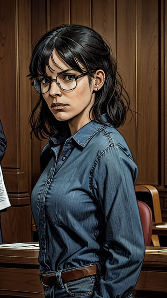 An Angry woman in a blue shirt, Normal Jeans and glasses stands in a courtroom, positioned in front of a wooden wall, Full Body The portrait is inspired by Bernardino Mei, blending Renaissance elements with a modern twist suitable for a Reddit post. Photograph credit: AP, with stylistic influences from Lindsey Look. The woman has blunt bangs falling on her forehead, captured in a medium close-up shot. She is behind bars, highlighting her serious and intense presence in the courtroom. Her black hair with bangs frames her face, with artistic touches reminiscent of Robin Eley. The overall theme is somber and intense, emphasizing the gravity of the courtroom setting
