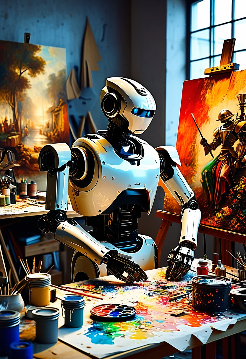 A robot painter in a cluttered studio, meticulously recreating a Renaissance masterpiece Status: Focused and precise, the robot's pose mimics the stance of a traditional artist Composition: A wide-angle shot showcasing the studio's chaos, inspired by Edward Burtynsky's attention to detail
