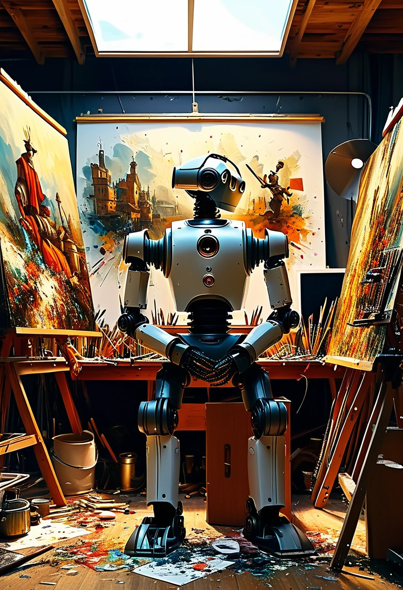 A robot painter in a cluttered studio, meticulously recreating a Renaissance masterpiece Status: Focused and precise, the robot's pose mimics the stance of a traditional artist Composition: A wide-angle shot showcasing the studio's chaos, inspired by Edward Burtynsky's attention to detail