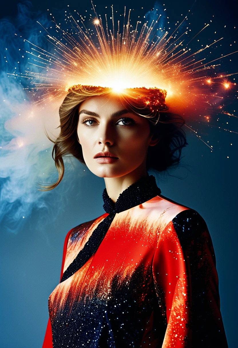 For Marie Claire, a model in a Valentino creation, her pose commanding, amidst the depiction of a supernova explosion. Asymmetrical composition by Andreas Gursky