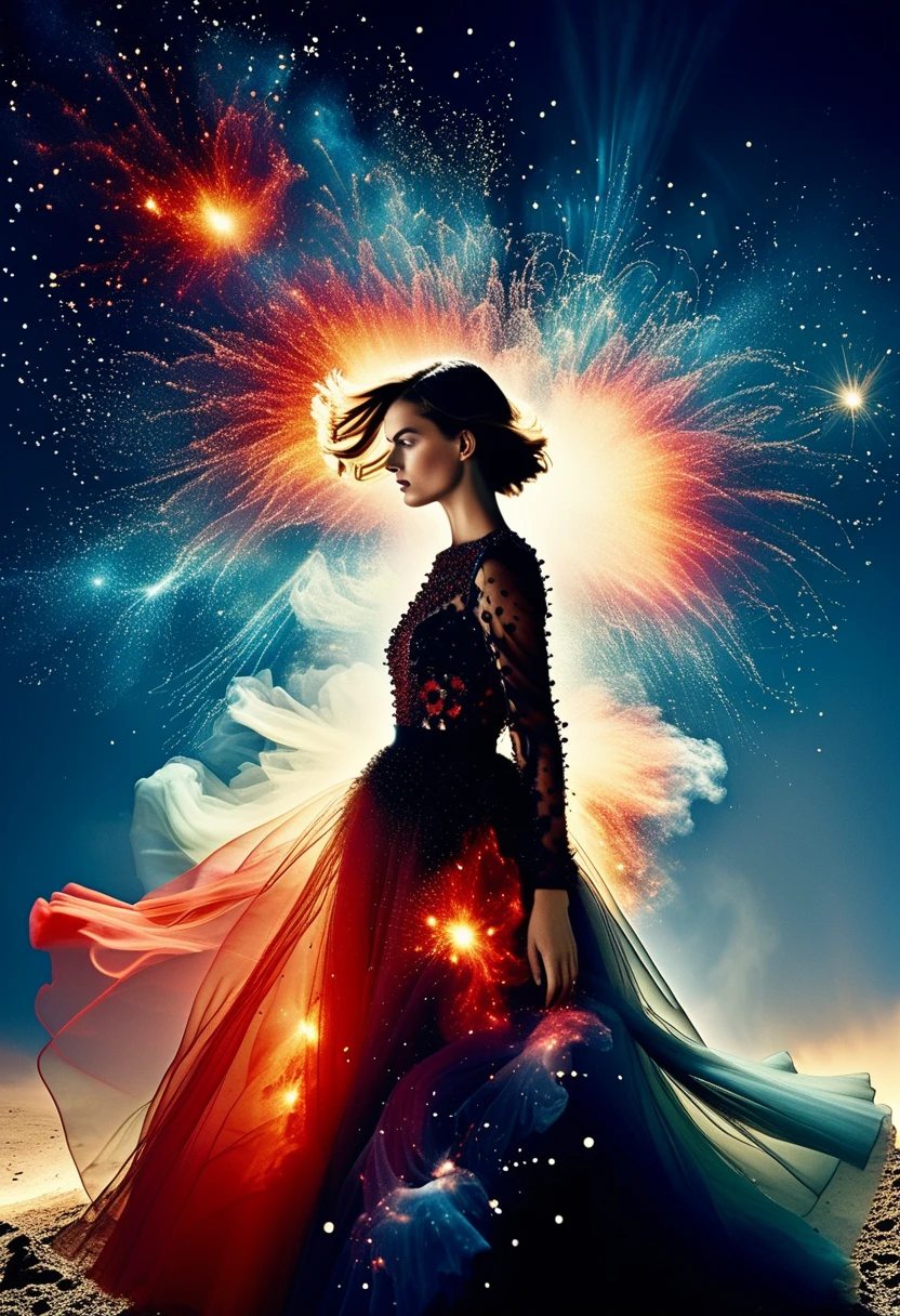 For Marie Claire, a model in a Valentino creation, her pose commanding, amidst the depiction of a supernova explosion. Asymmetrical composition by Andreas Gursky