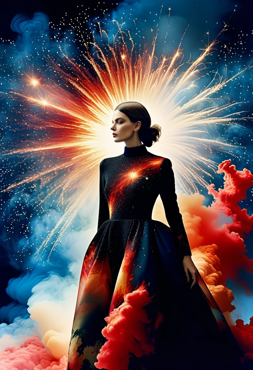 For Marie Claire, a model in a Valentino creation, her pose commanding, amidst the depiction of a supernova explosion. Asymmetrical composition by Andreas Gursky