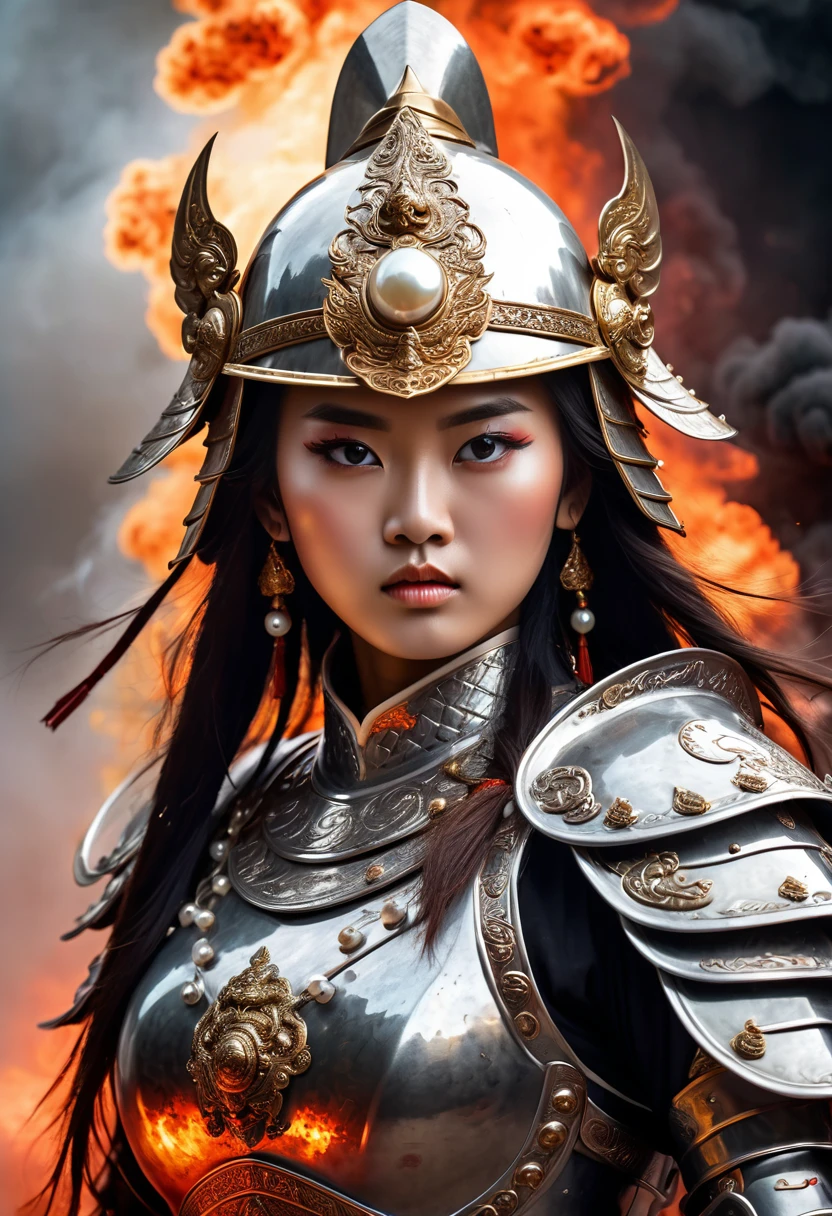 Close-up of an immortal female warrior in Vietnamese mythology, 18 years old, decorated with pearls, majestic and majestic, bright eyes, long hair, extremely beautiful, shiny iron armor, fierce iron helmet, weapon is a tightly rolled bundle of ivory bamboo, invincible female warrior, ((background of smoke, fire, lightning)), ((blood stains on armor, helmet)).
The eyes are filled with hatred and the power to destroy enemies. Behind are traces of blood and violence. The sky is filled with swirling, fiery clouds. The photo conveys a strong sense of the appearance of a warrior