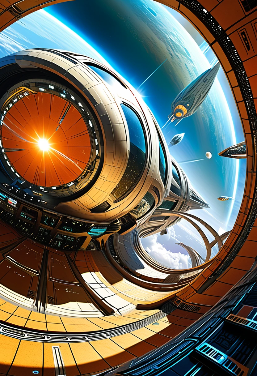 Depict a panoramic view of a bustling, hyper-advanced spaceport, reminiscent of the lively cityscapes in Luc Besson's "The Fifth Element". Capture the wide array of alien species, spacecraft, and futuristic architecture