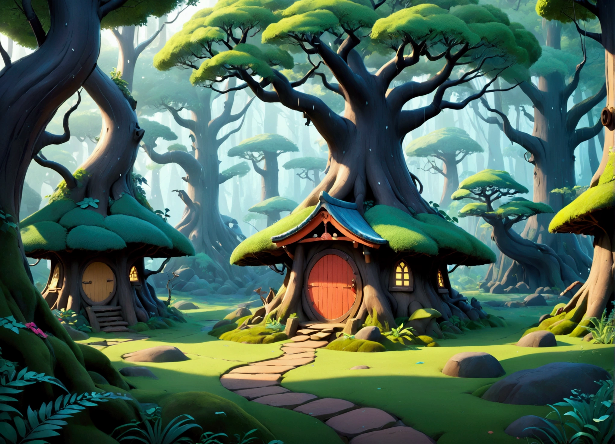 A breathtaking 3D rendering of a magical, Disney-styled forest with ancient trees and rain falling enhances the scene. The enchanted forest is filled with ((dozens of cartoon-style wild animal empty dens))), a few of which have one cartoon-style simple chimneys and cartoon-style wooden doors. Some dens have fences and gates in front of them. The forest is silent and solitaire, no animals around, only trees and empty dens. The vibrant colors and brushstrokes reminiscent of Ukiyo-e art give the image a unique and captivating appearance. The overall atmosphere is cinematic and evokes a sense of wonder, transporting viewers into a fantastical world.