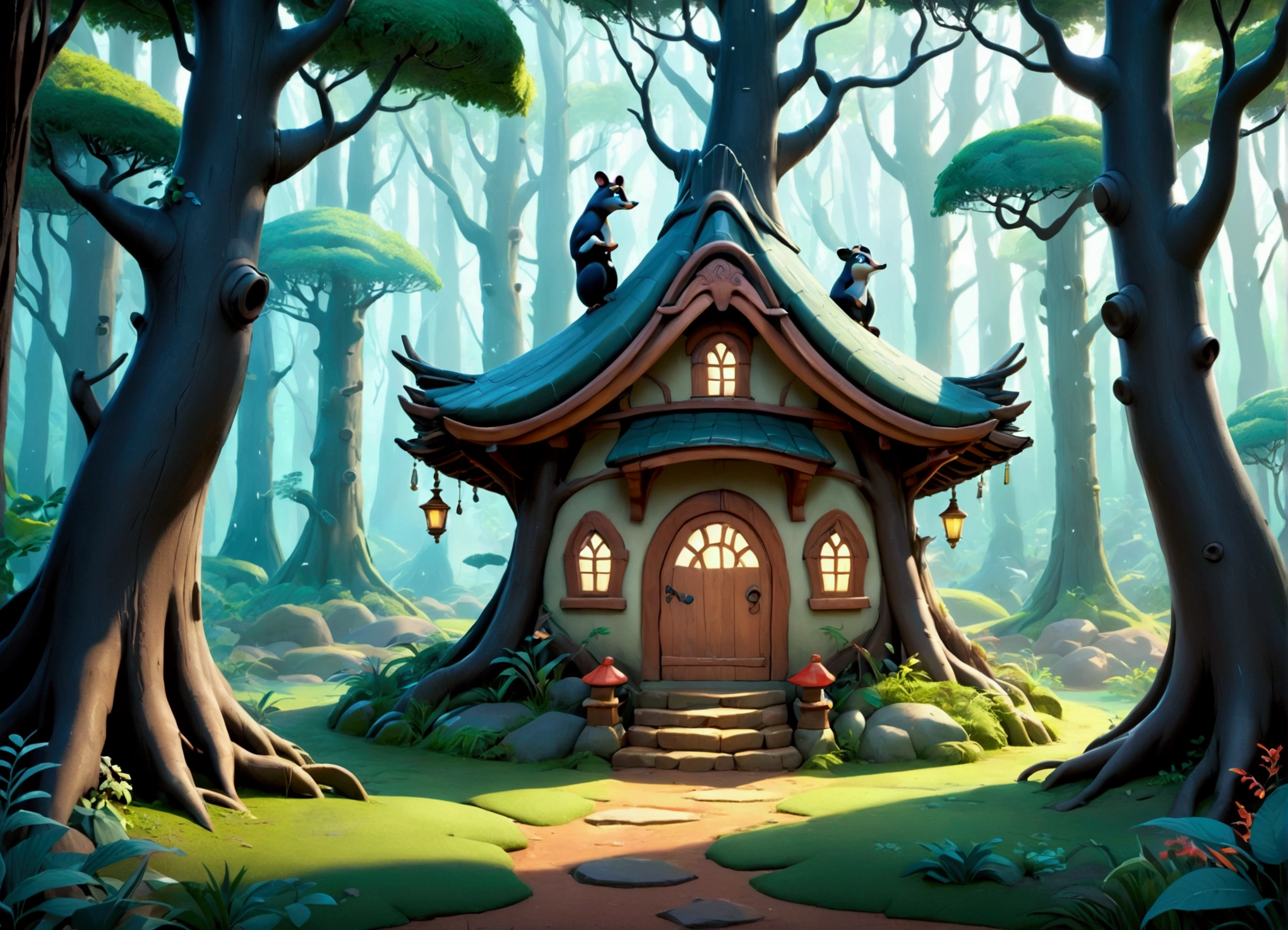 A breathtaking 3D rendering of a magical, Disney-styled forest with ancient trees and rain falling enhances the scene. The enchanted forest is filled with ((dozens of cartoon-style wild animal empty dens))), a few of which have one cartoon-style simple chimneys and cartoon-style wooden doors. Some dens have fences and gates in front of them. The forest is silent and solitaire, no animals around, only trees and empty dens. The vibrant colors and brushstrokes reminiscent of Ukiyo-e art give the image a unique and captivating appearance. The overall atmosphere is cinematic and evokes a sense of wonder, transporting viewers into a fantastical world.