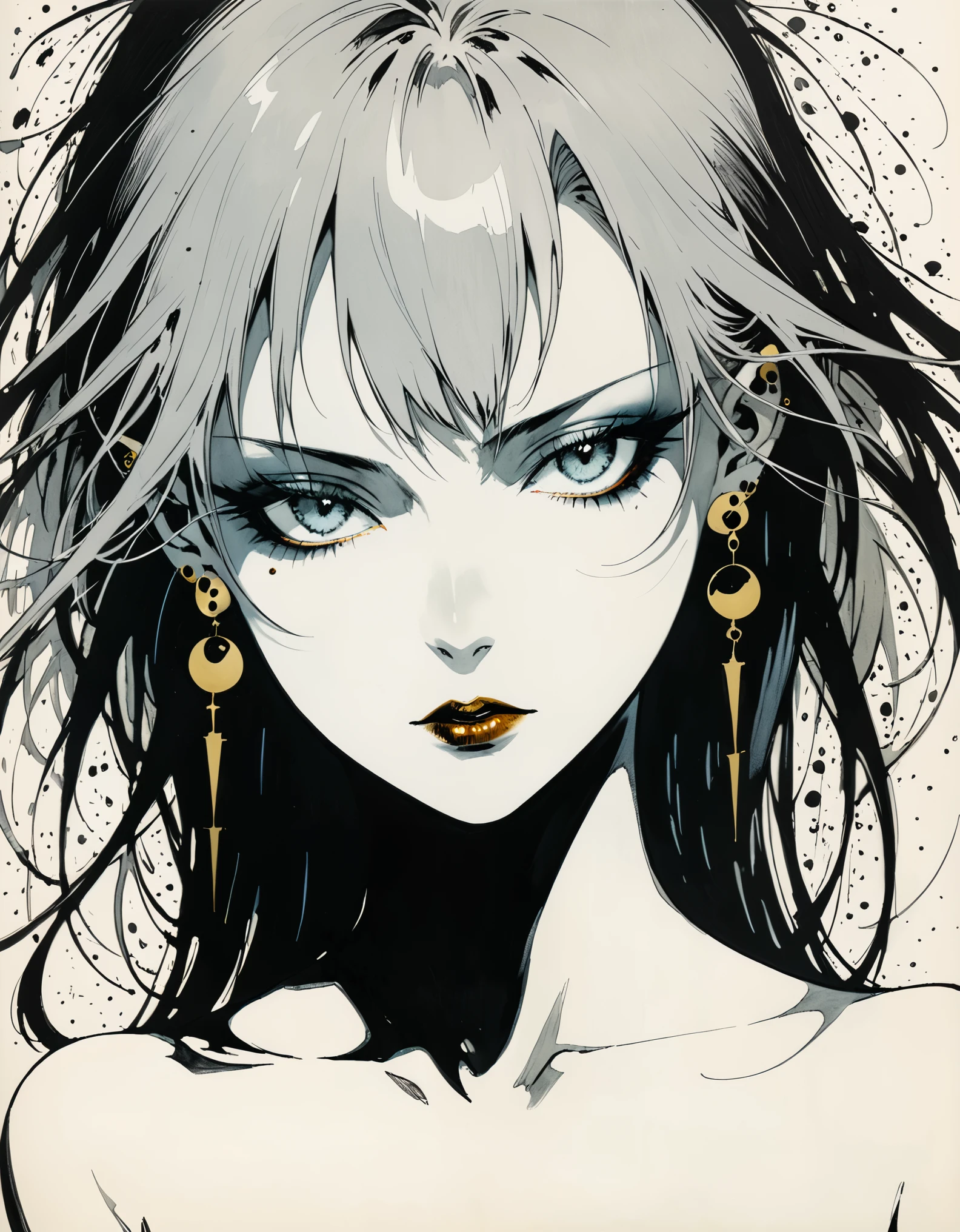 in style of Gris Grimly,in style of Hans Hartung
amazing artistic special effects from Hans Hartung,{with the text:"GoD IS DEAD":1.8},1girl,captivating gaze,multiple earrings
