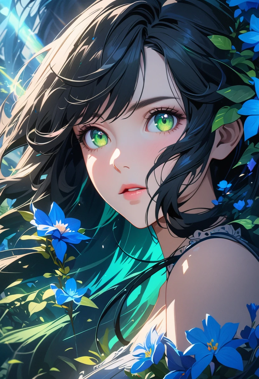 girl with blue flowers in her hair, stunning face portrait, beautiful portrait, detailed portrait of girl, detailed digital art, anime style 4k, beautiful girl, green shining eyes, beautiful face, art wallpaper 4k, , detailed , beautiful woman, mature, black hair, blue aura